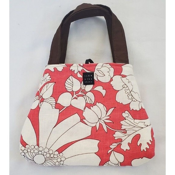 Small Lisa Lill Studio Brown Beige Pink Flower Bag Tote Tie Closure Reversible - Picture 2 of 10